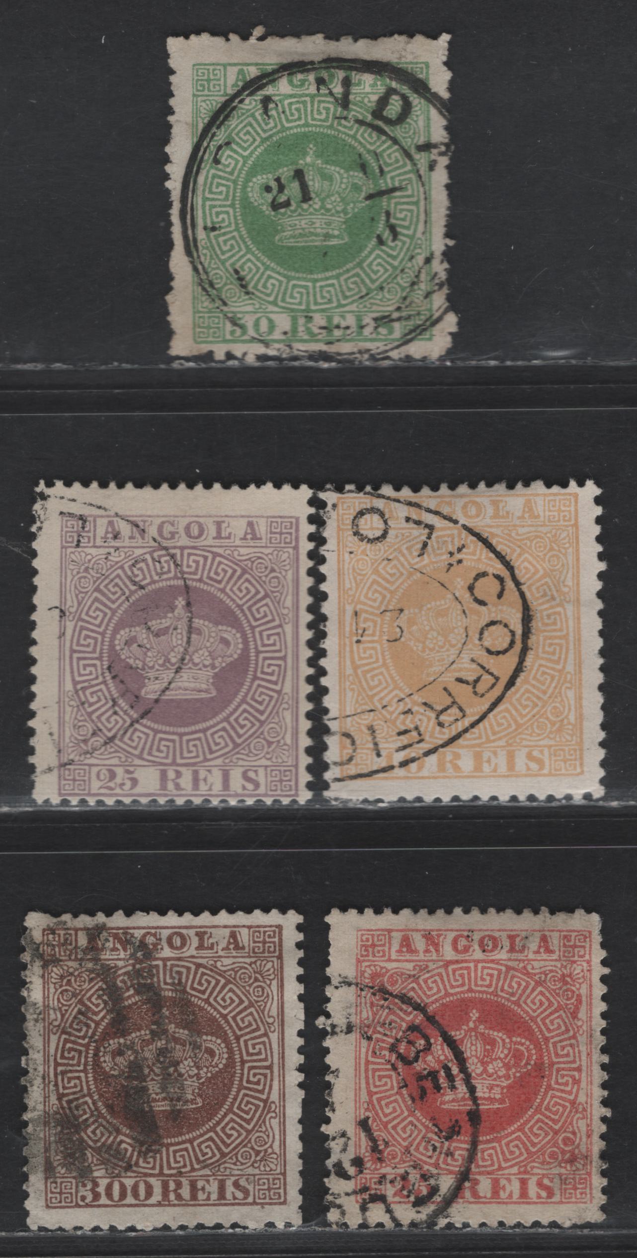 Lot 197 Angola SC#6, 13, 12a, 4b, 9 25r - 300r Red - Chocolate Crown, 1870-1885 Crown Issues, 5 Fine Used Singles, Perfs 12.5 & 13.5