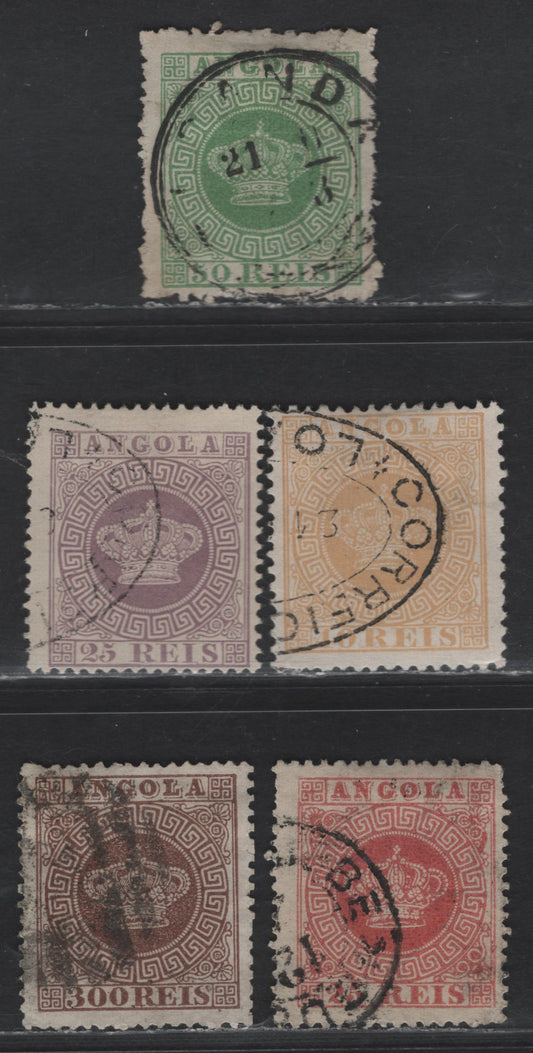 Lot 197 Angola SC#6, 13, 12a, 4b, 9 25r - 300r Red - Chocolate Crown, 1870-1885 Crown Issues, 5 Fine Used Singles, Perfs 12.5 & 13.5