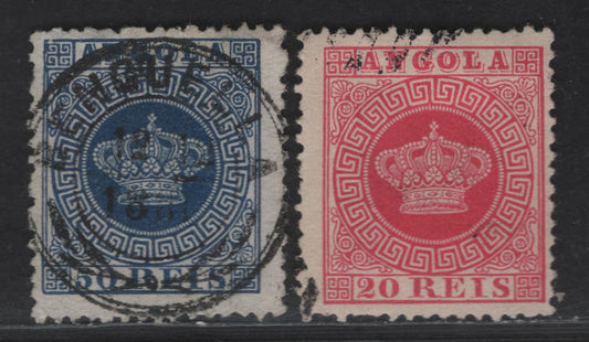 Lot 198 Angola SC#11, 15 20r & 50r Carmine & Blue Crown, 1881-1885 Crown Issue, 2 Fine Used Singles, Perf 13.5