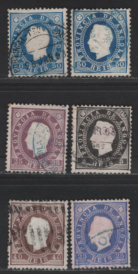 Lot 201 Angola SC#16, 19-21 5r - 50r Black - Blue King Luiz, 1886 Embossed Profile Heads Issue, 6 Fine/Very Fine Used Singles, Perf 12.5, Includes Shades