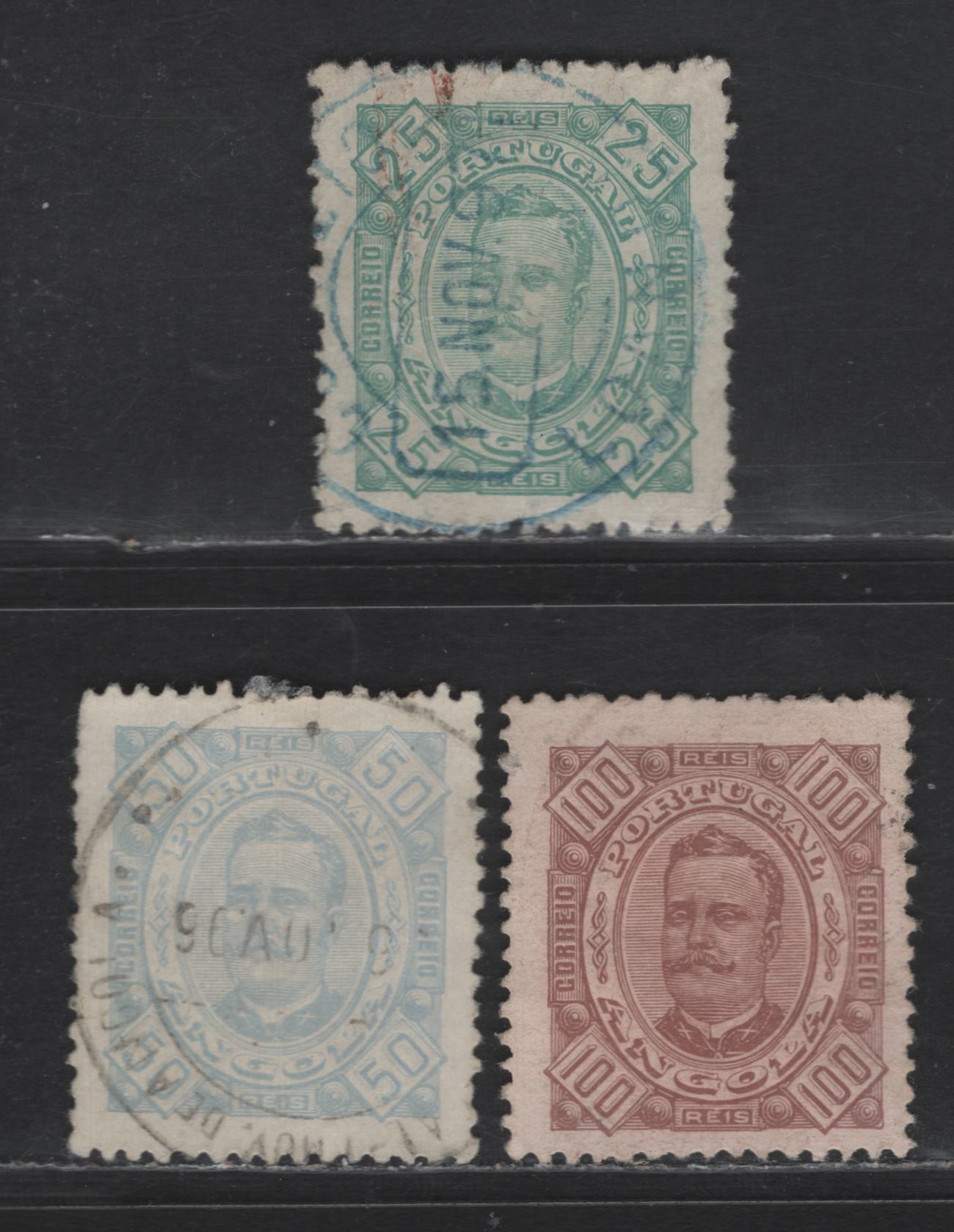 Lot 202 Angola SC#29a, 30b, 33 25r - 100r Green & Brown King Carlos, 1893-1894 King Carlos Portraits Issue, 3 Fine/Very Fine Used Singles, Chalky & Enamelled Paper, Perf 12.5