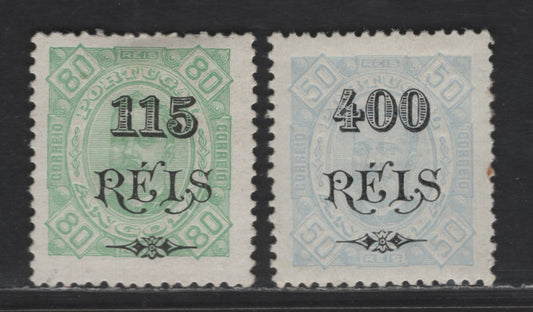 Lot 205 Angola SC#74, 80 115r on 80r - 400r on 50r Light Green - Light Blue King Carlos, 1902 Surcharged Issue, 2 Fine/Very Fine Used Singles, Chalk Surfaced Paper, Perf 12.5