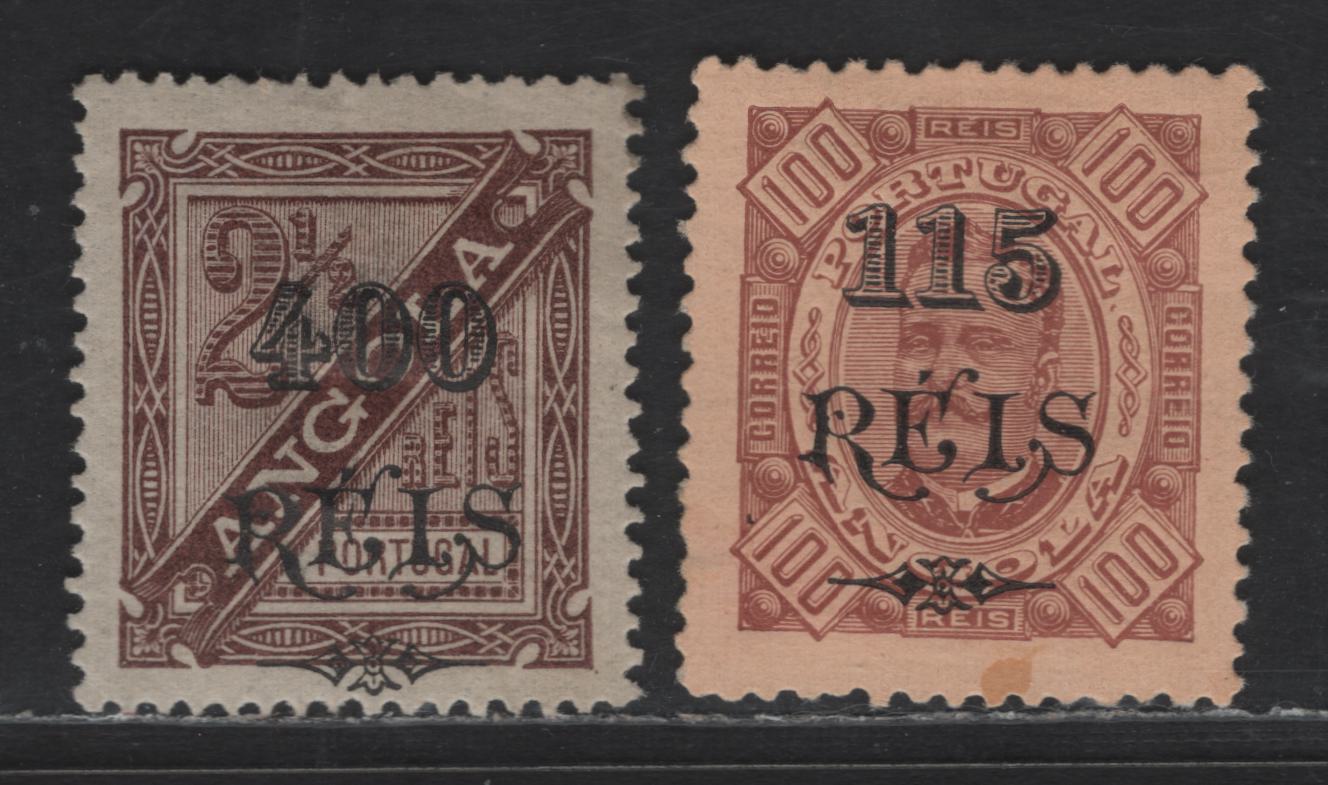 Lot 207 Angola SC#82a, 75 400r on 2.5r - 115r on 100r Brown - Brown on Buff King Carlos, 1902 Surcharged Issue, 2 F/VFOG Singles, Type II, Light Thin on 115r on 100r