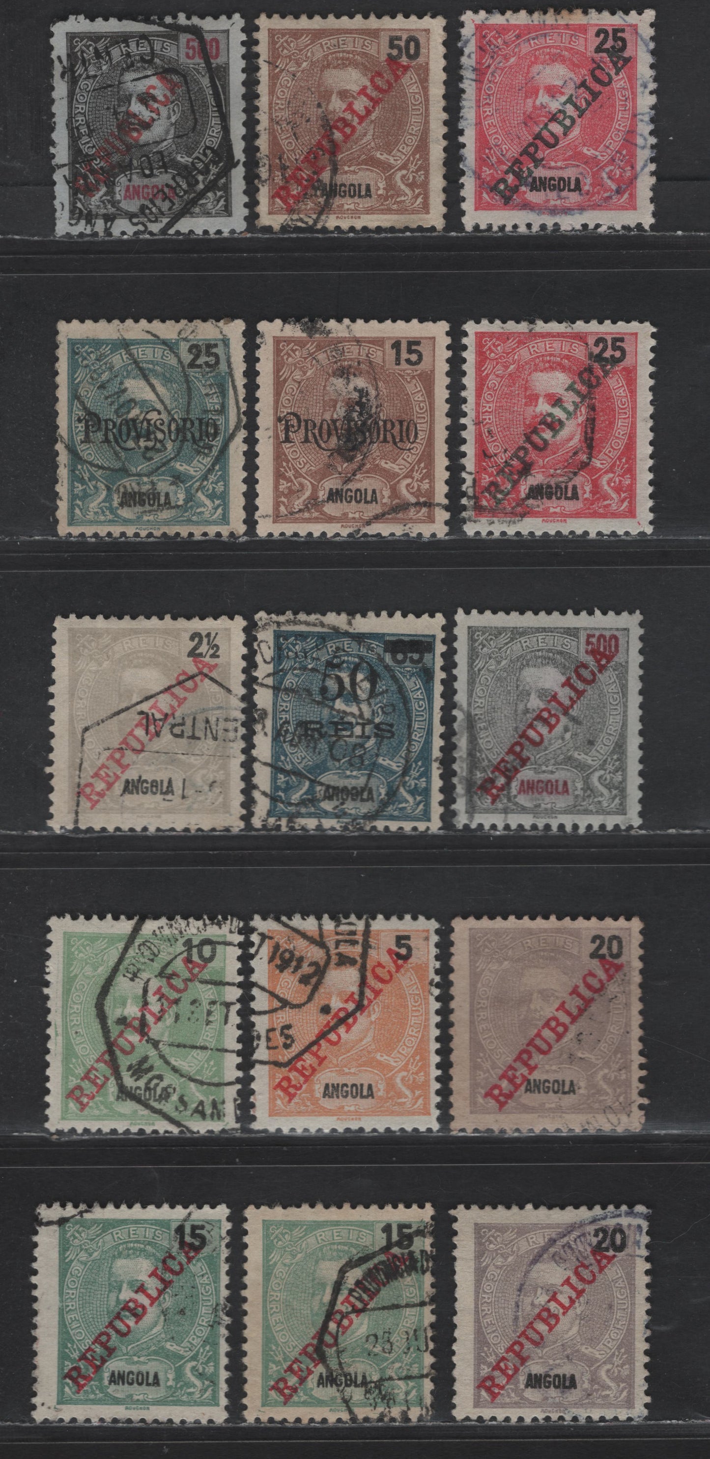 Lot 208 Angola SC#83-84, 87-84, 101 15r - 500r Brown - Black & Red On Blue Provisorio & Republica Overprints, 1902 Overprinted Issue, 15 Fine/Very Fine Used Singles, Shade Variations