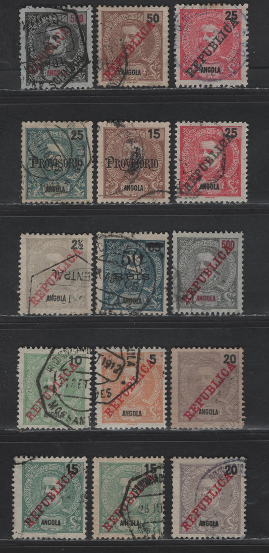 Lot 208 Angola SC#83-84, 87-84, 101 15r - 500r Brown - Black & Red On Blue Provisorio & Republica Overprints, 1902 Overprinted Issue, 15 Fine/Very Fine Used Singles, Shade Variations