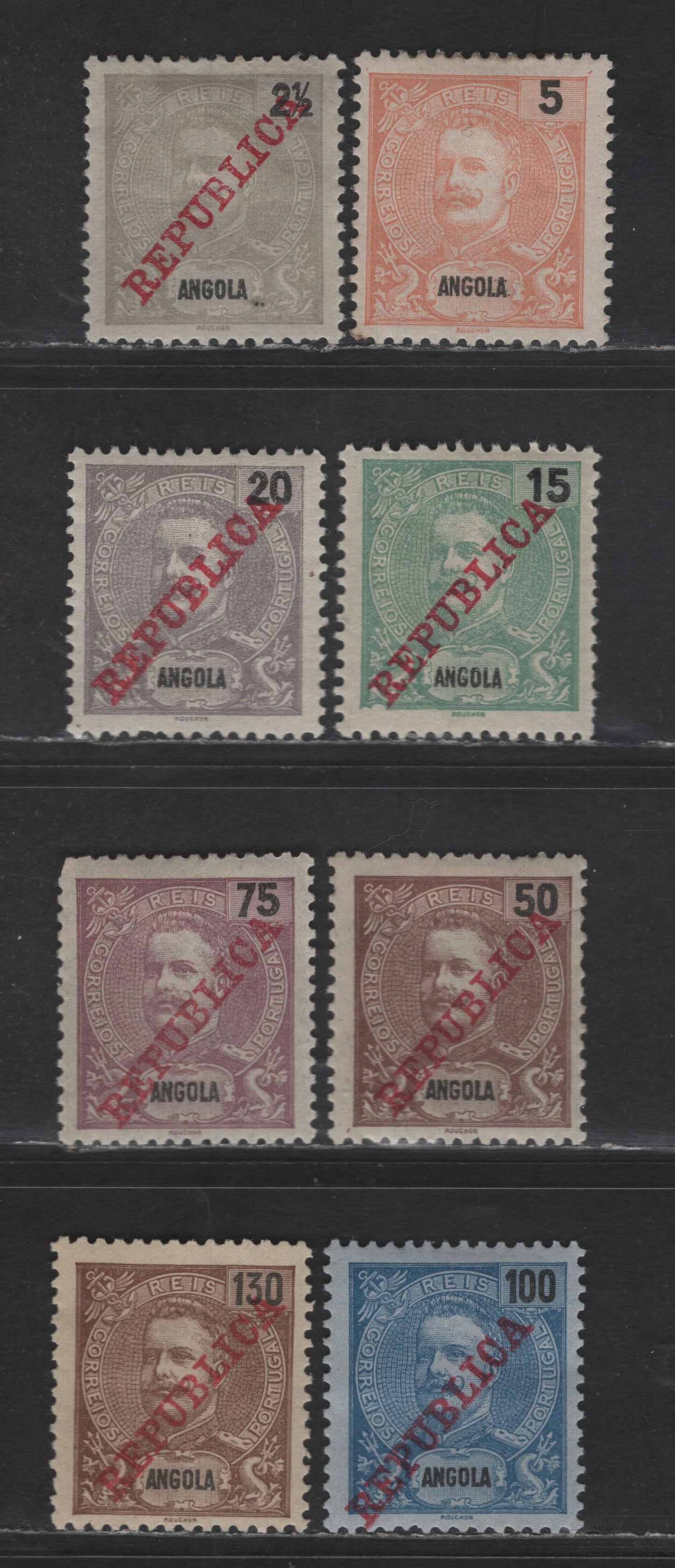 Lot 209 Angola SC#39, 88, 91-92, 94-96, 98 5r - 130r Orange & Black - Brown on Straw King Carlos - Republica, 1898-1903 King Carlos & Republica Overprinted Issues, 8 F/VFOG Singles