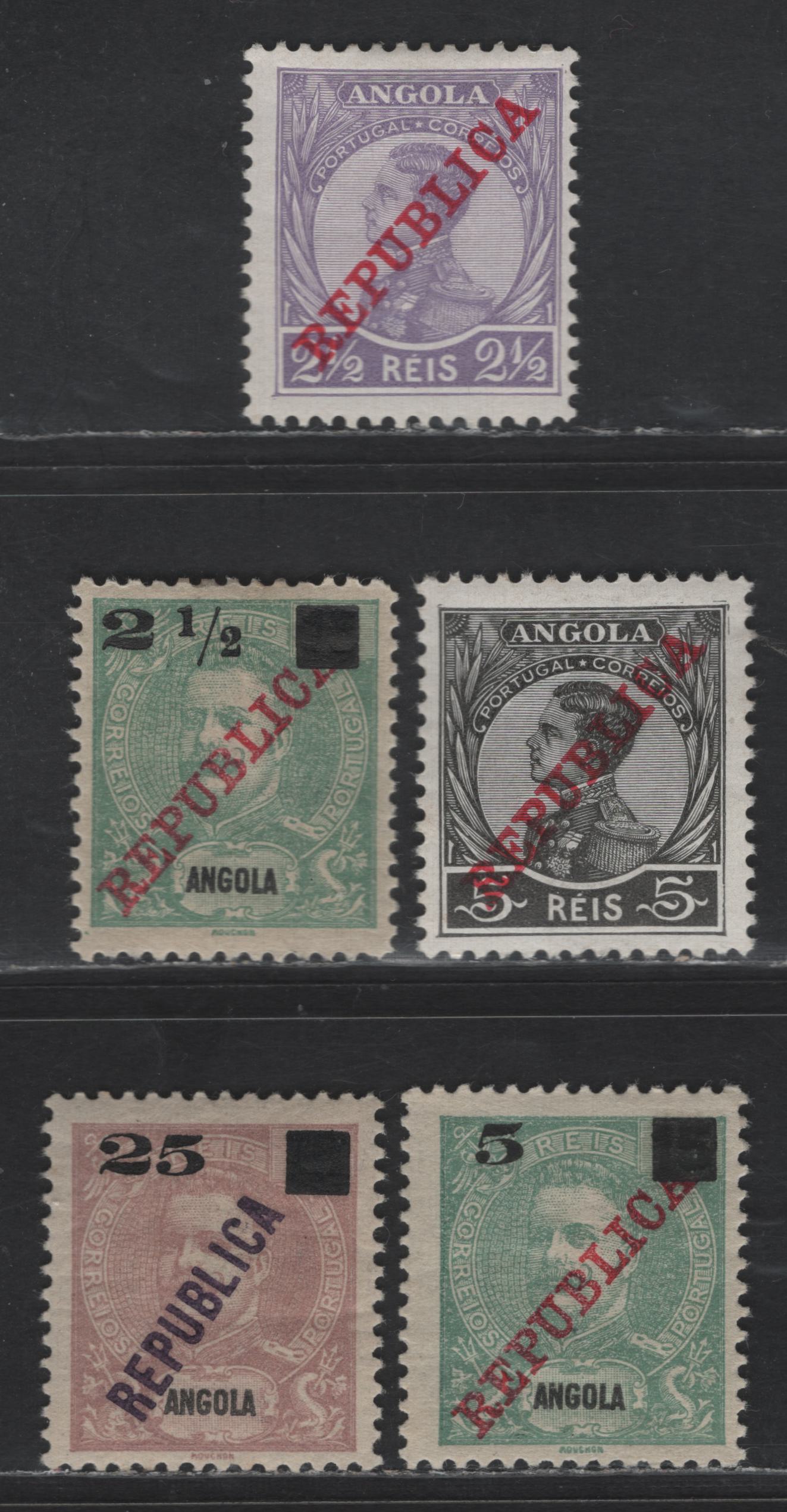 Lot 210 Angola SC#103-104, 113-114, 117 2.5r - 25r on 75r Violet - Red Violet King Manuel - Republica, 1912 King Manuel - Republica Overprinted Issues, 5 F/VFOG Singles