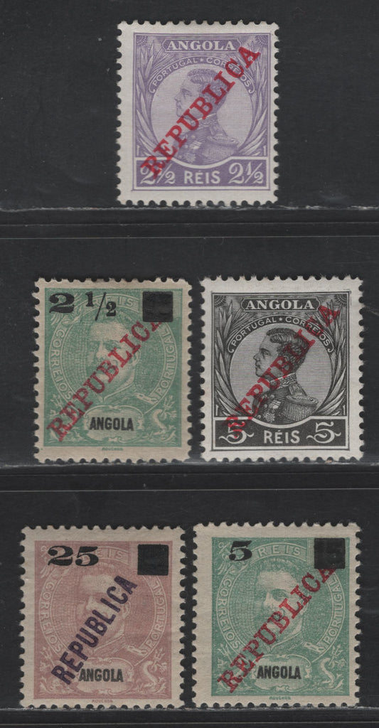 Lot 210 Angola SC#103-104, 113-114, 117 2.5r - 25r on 75r Violet - Red Violet King Manuel - Republica, 1912 King Manuel - Republica Overprinted Issues, 5 F/VFOG Singles