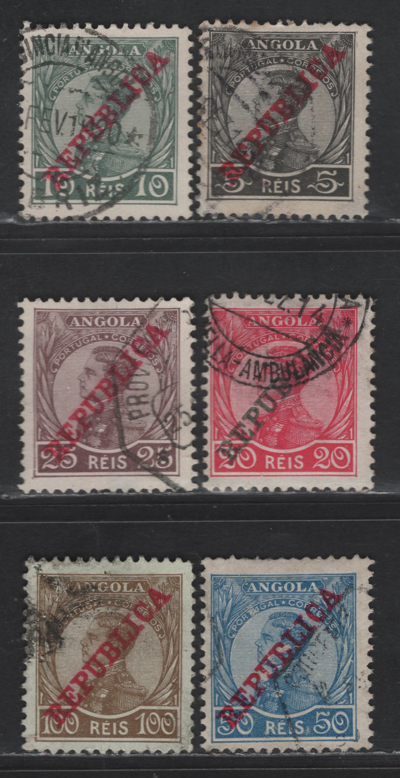 Lot 212 Angola SC#104-108, 110 5r - 100r Black - Brown on Light Green King Manuel II Republica, 1912 King Manuel II Republica Overprinted Issue, 6 Fine/Very Fine Used Singles