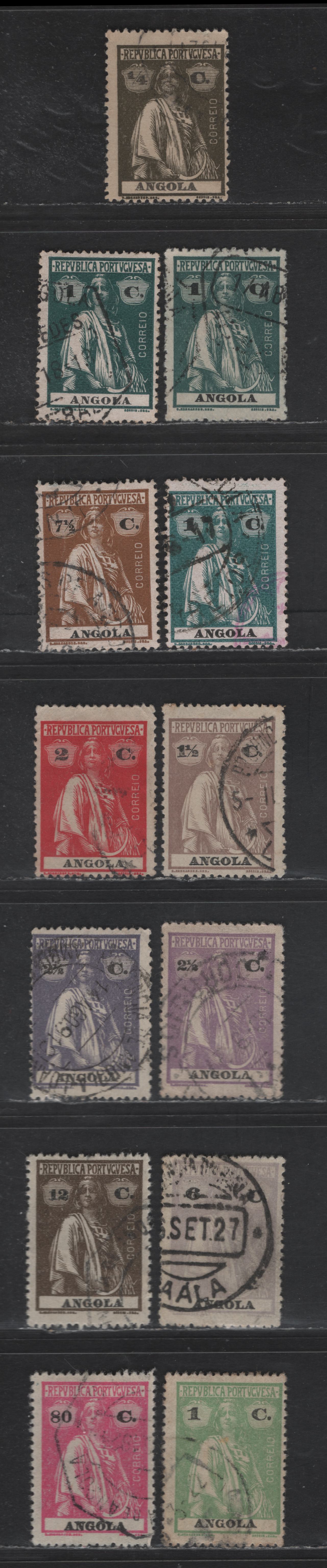 Lot 213 Angola SC#118, 120, 125, 137-140a, 144, 149, 154 1/4c - 80c Olive Brown - Pink Ceres, 1914-1922 Ceres Issue, 13 Fine/Very Fine Used Singles, Perf 15x14, Ordinary & Chalky Paper