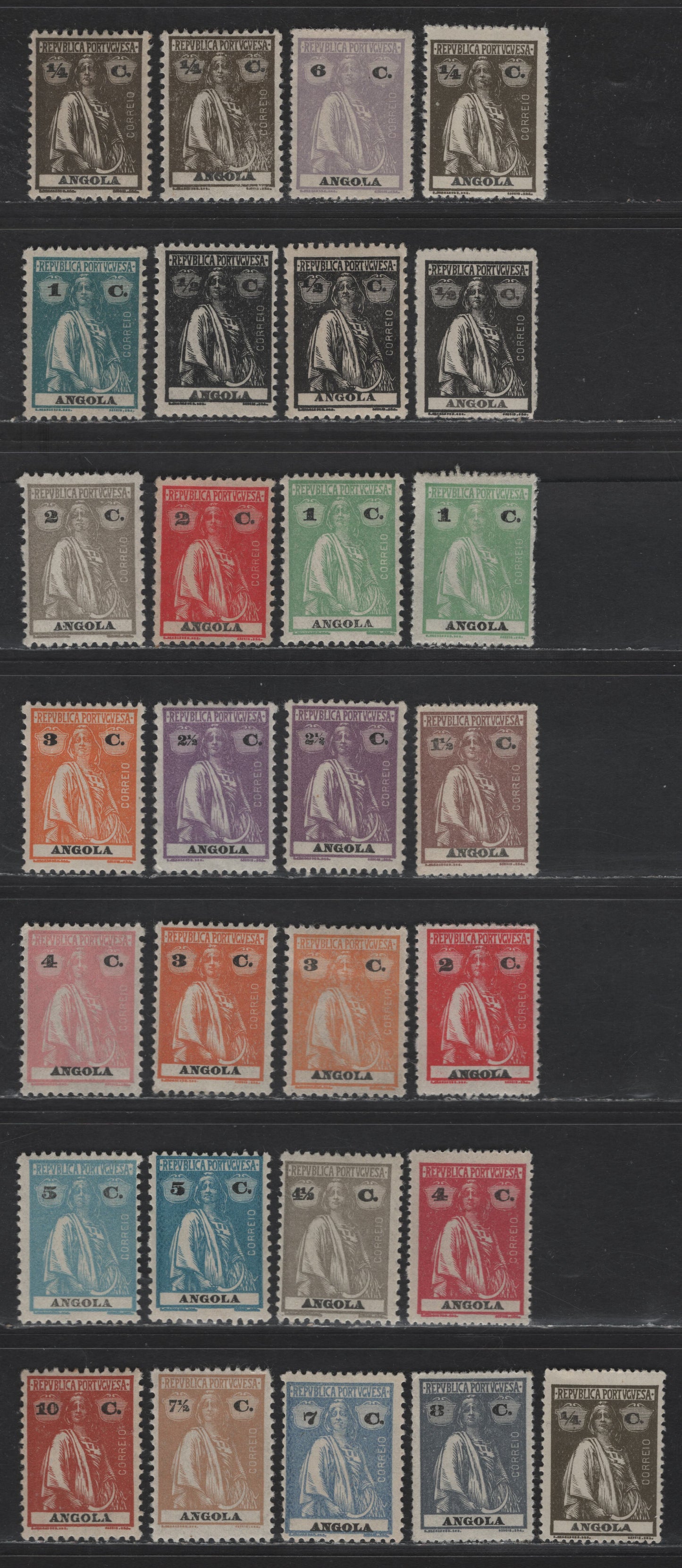 Lot 214 Angola SC#134-a, 135, 137, 138a, 139, 142, 144, 147, 156-158, 158a,b,e,f,g,ha,I,j,ja,m,o 1/4c - 10c Olive - Orange Brown Ceres, 1915-1926 Ordinary Paper, 29 FOG & Unused Singles, Ordinary & Carton Papers, Perfs 15x14 & 12x11.5