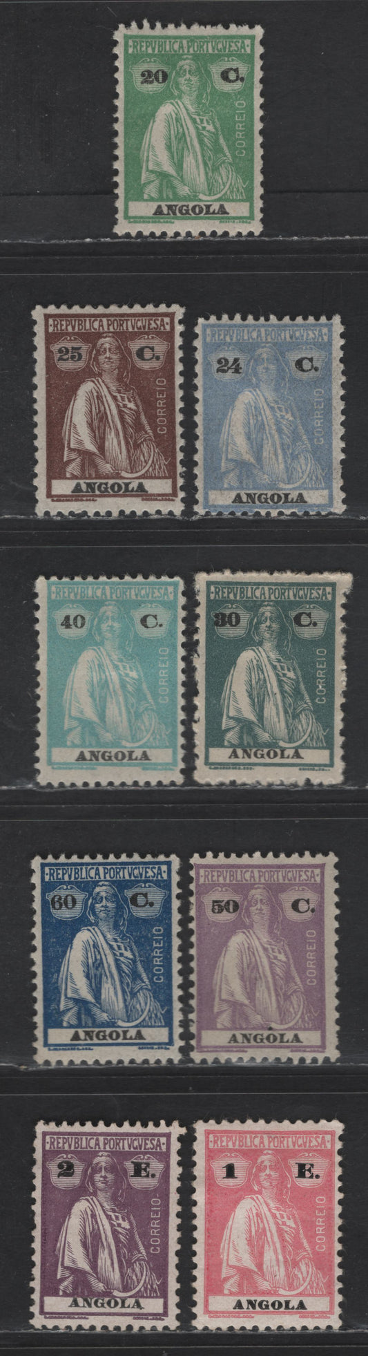 Lot 215 Angola SC#158S-158Y, 159C, 159E 20c - 2e Yellow Green - Dark Violet Ceres, 1921-1926 Ceres Issue, 9 F/VFOG Singles, Ordinary & Glazed Paper, Perf 12x11.5