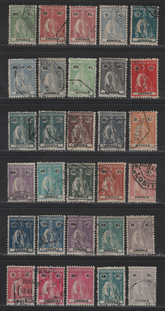 Lot 216 Angola SC#158,Da,g,h,k,l,n,o,q,r,s,t,u,v,va,w,x,y, 159A, 159B 1c - 1e Blue Green - Pink Ceres, 1921-1926 Ceres Issue, 30 Fine/Very Fine Used Singles, Ordinary Paper, Perf 12x11.5