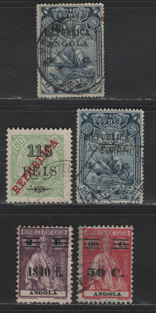 Lot 219 Angola SC#176, 188, 211, 236, 239 5c on 8a - 1.40e on 2e Dark Blue - Dark Violet Republica, 1913-1931 Republica Overprinted & Surcharge Issue, 5 Fine/Very Fine Used Singles