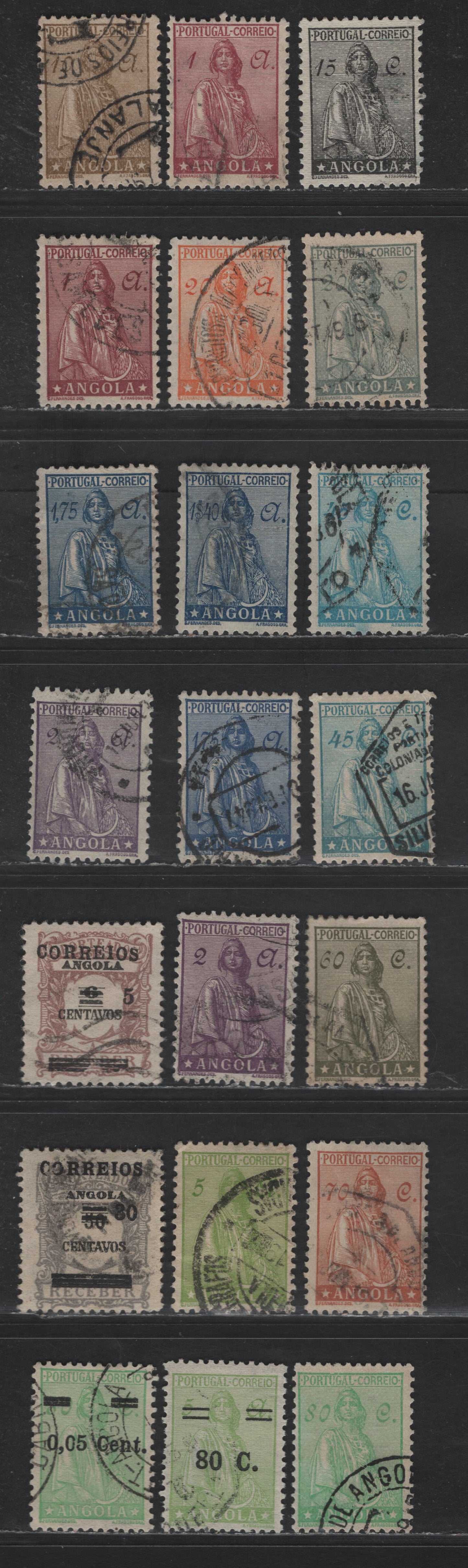 Lot 222 Angola SC#246-247, 251, 253-256, 258-A, 259-262, 267-269, 271 15c - 5c on 80c Black - Emerald Ceres, 1932-1946 Ceres & Surcharged Issues, 21 Fine/Very Fine Used Singles