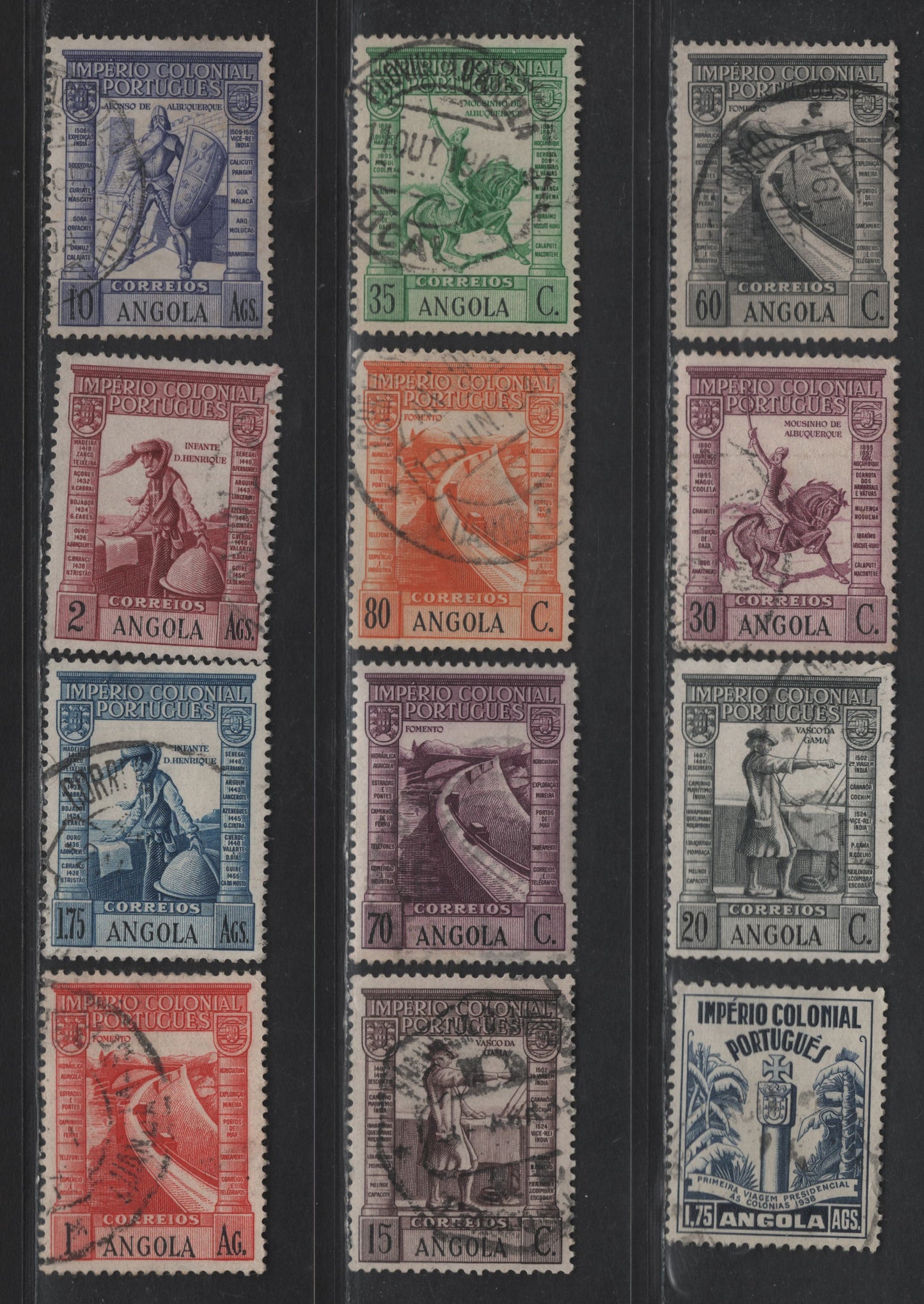 Lot 223 Angola SC#277/290, 293 15c - 10a Dark Violet Brown - Blue Violet Vasco da Gama - Portuguese President, 1938 Vasco da Gama & Visitation of Portuguese President Issues, 12 Very Fine Used Singles