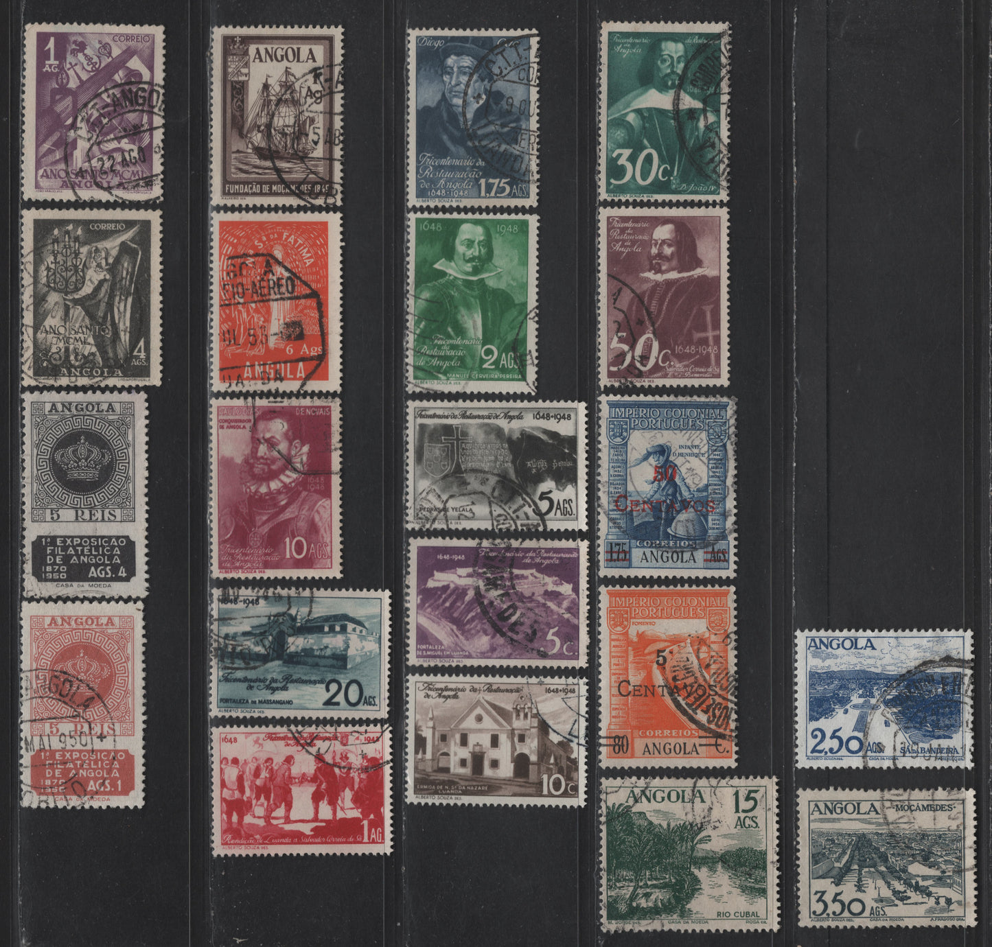 Lot 225 Angola SC#300-301, 305-315, 317, 322-323A, 325, 329-332 5c on 80c - 4a Orange - Black Surcharged - Holy Year, 1945-1950 Surcharged - Holy Year Issues, 21 Very Fine Used Singles
