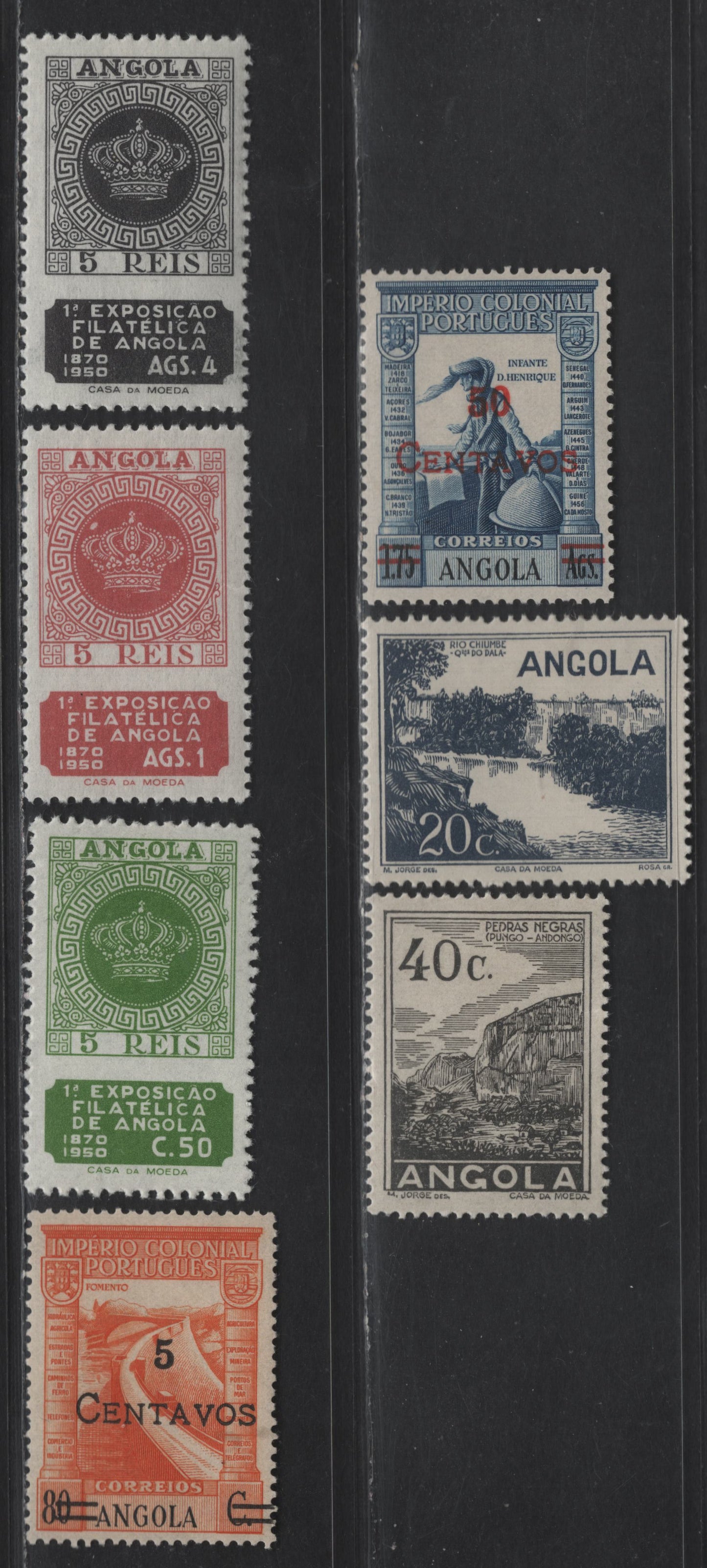 Lot 226 Angola SC#301, 303, 319-320, 328-330 5r - 40c Brown Surcharges - Philatelic Exhibition, 1945-1950 Surcharges - Philatelic Exhibition Issues, 7 VFOG Singles