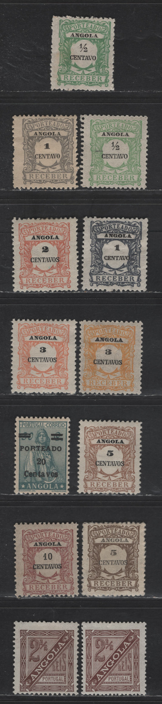 Lot 230 Angola SC#J21-J25, J27, J32, P1 1/2c - 2.5r Yellow Green - Brown Numerals, 1893-1921 Newspaper - Postage Due Issues, 13 F/VFOG Singles, Shade Variations, Perfs 12.5 & 13.5