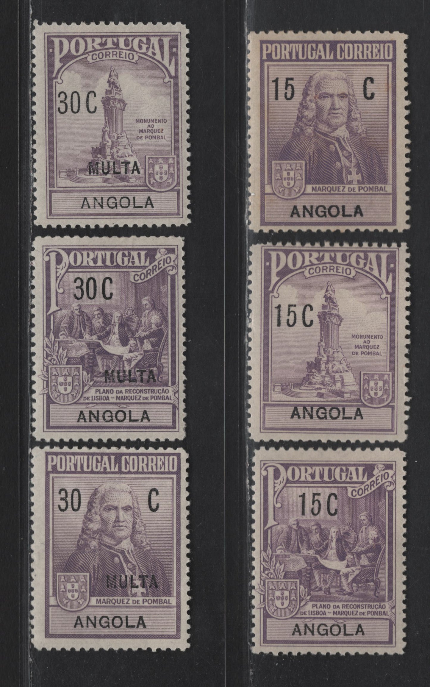 Lot 231 Angola SC#RA1-3, RAJ1-3 15c - 30c Purple Pombal Issue, 1925 Postal Tax Issue, 6 F/VFOG Singles