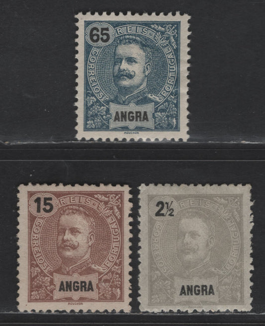 Lot 232 Angra SC#14, 17, 24 2.5r - 65r Gray - Slate Blue King Carlos, 1897-1905 King Carlos Portraits Issue, 3 F/VFOG Singles