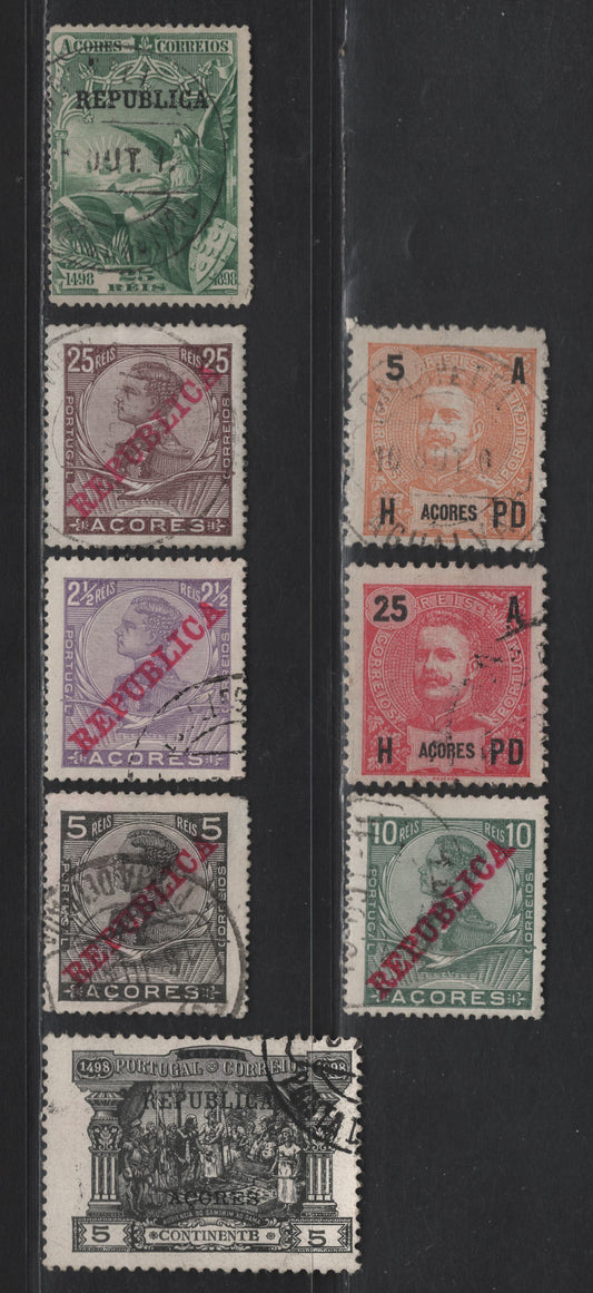 Lot 234 Azores SC#102, 105, 149, 126-128, 131, 143 5r Orange Yellow - Black King Carlos - Republica, 1906-1911 King Carlos - Republica Overprinted Issues, 8 Fine/Very Fine Used Singles