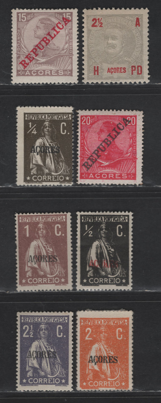 Lot 235 Azores SC#101, 129-130, 173b, 174, 176, 180b, 181 2.5r - 2.5c Gray - Violet Ceres, King Carlos & King Manuel II, 1906-1921 Ceres, King Carlos & King Manuel II Issues, 8 F/VFOG Singles, Ordinary & Carton Papers, Perf 15x14