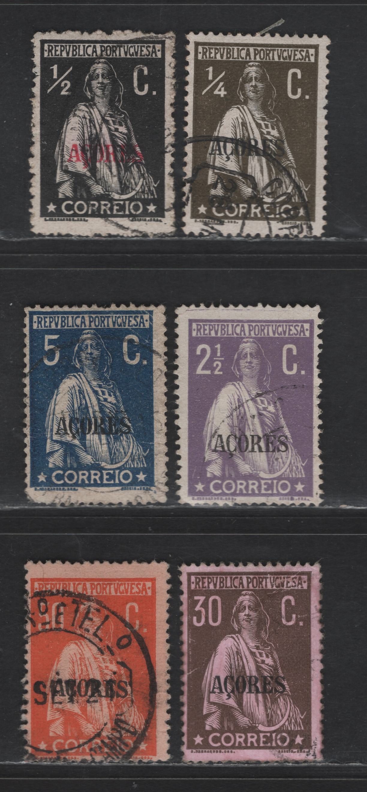 Lot 236 Azores SC#155-156, 160-161, 167, 169 1/4c - 50c Olive Brown - Orange on Salmon Ceres, 1912-1921 Ceres Issue, 6 Fine Used Singles, Chalky Paper, Perf 15x14