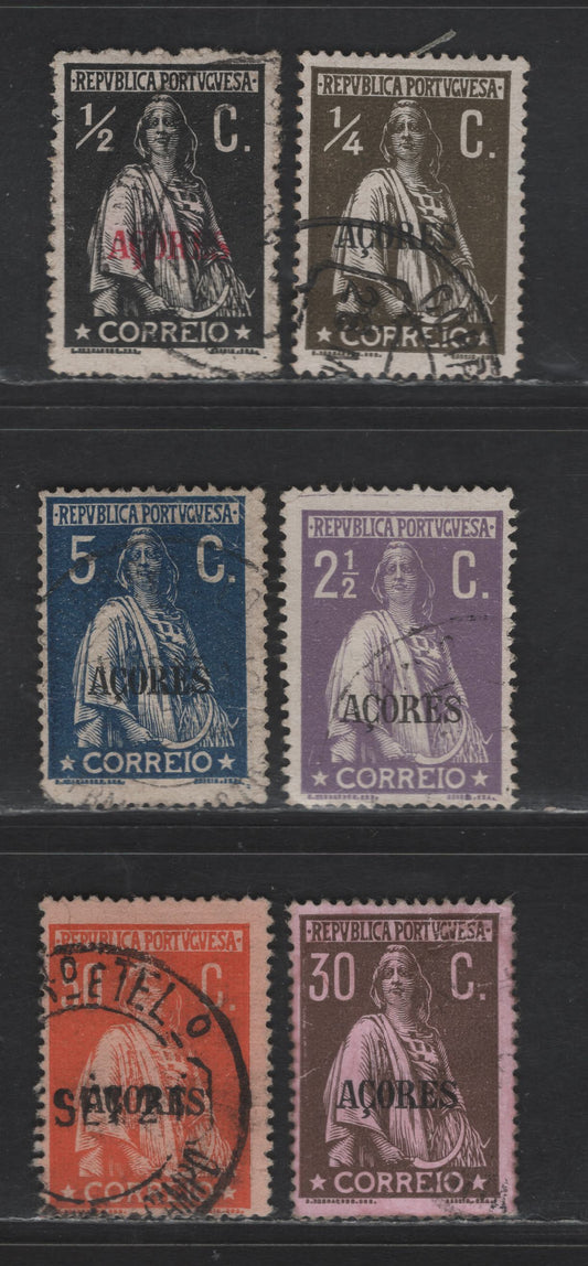 Lot 236 Azores SC#155-156, 160-161, 167, 169 1/4c - 50c Olive Brown - Orange on Salmon Ceres, 1912-1921 Ceres Issue, 6 Fine Used Singles, Chalky Paper, Perf 15x14