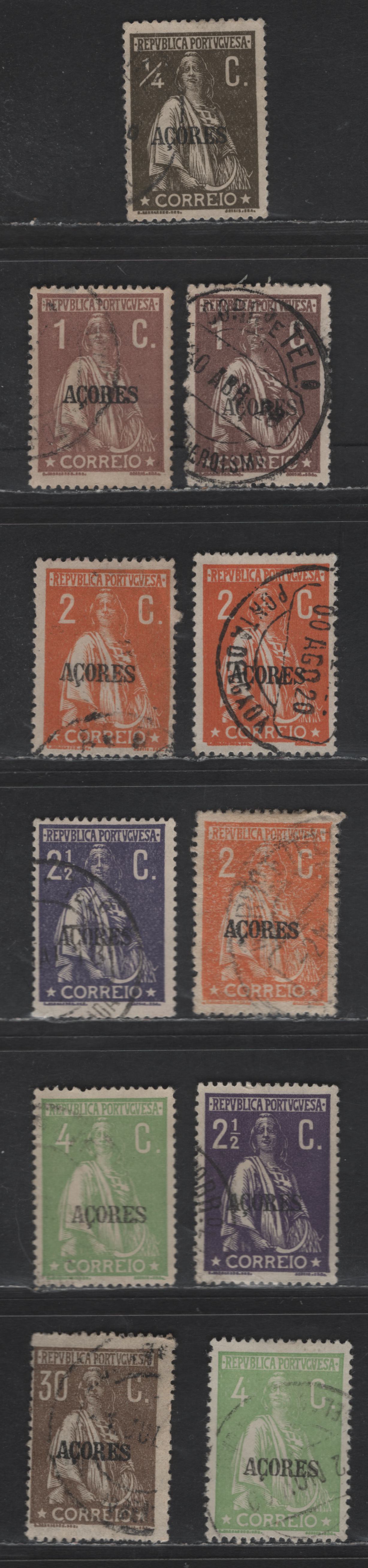 Lot 237 Azores SC#173, 177, 180, 180b, 181, 184, 193 1/4c - 30c Olive Brown - Gray Brown Sower (Ceres), 1917-1921 Sower (Ceres) Issue, 11 Fine/Very Fine Used Singles, Ordinary Paper For Most, Thick Carton Paper On Scarce 2c, Perf 15x14