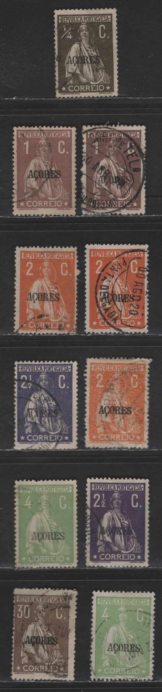 Lot 237 Azores SC#173, 177, 180, 180b, 181, 184, 193 1/4c - 30c Olive Brown - Gray Brown Sower (Ceres), 1917-1921 Sower (Ceres) Issue, 11 Fine/Very Fine Used Singles, Ordinary Paper For Most, Thick Carton Paper On Scarce 2c, Perf 15x14