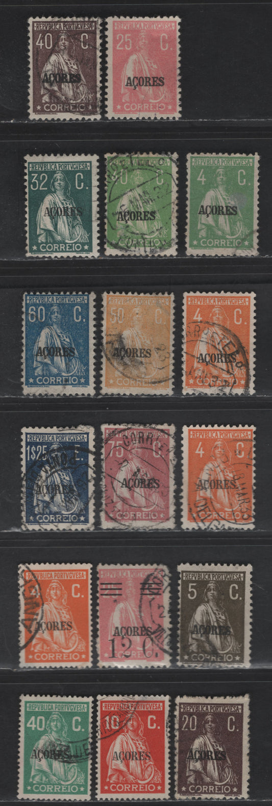Lot 238 Azores SC#202, 313A, 203, 214a, 218, 223, 313f, 220, 225-226, 228, 313o, 303, 307, 309, 311 4c - 40c Light Green - Bright Green Ceres, 1918-1926 Ceres Issue, 17 Fine/Very Fine Used Singles, With & Without Imprint, Perf 12x11.5