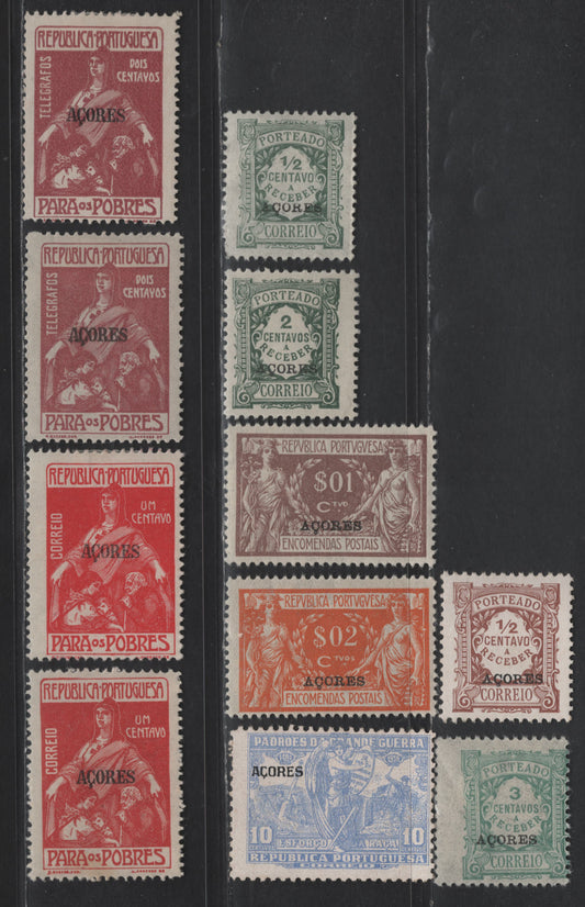 Lot 239 Azores SC#J15, J18, J30, J32, Q1-Q2, RA8, RA3 1/2c - 2c Brown - Plum Numeral & Ceres, 1918-1925 Postage Dues, Postal Tax & Telegram Issues, 11 F/VFOG Singles