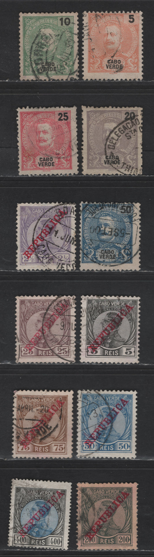 Lot 240 Cape Verde SC#37-38, 41, 43-44, 101, 100, 104-106, 108, 110 5r - 400r Orange - Black & Blue King Carlos & King Manuel II, 1898-1912 King Carlos & King Manuel II Issues, 12 Fine/Very Fine Used Singles