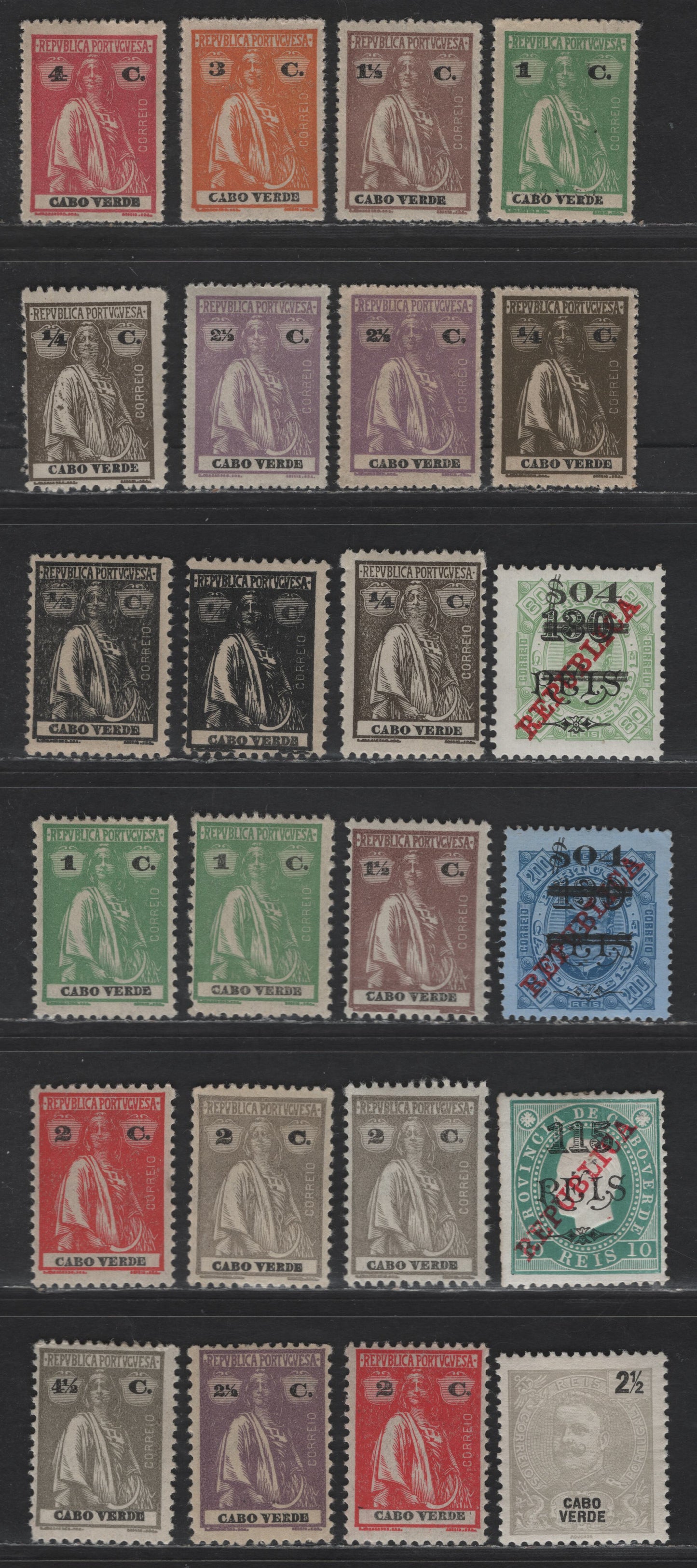 Lot 241 Cape Verde SC#36, 184, 203-204, 162, 165-166, 168-170, 173, 179, 182 2.5r - 4.5r Gray King Carlos - Sower, 1898-1926 King Carlos - Sower Issues, 24 F/VFOG Singles, Ordinary Paper, Perfs 15x14 & 12x11.5