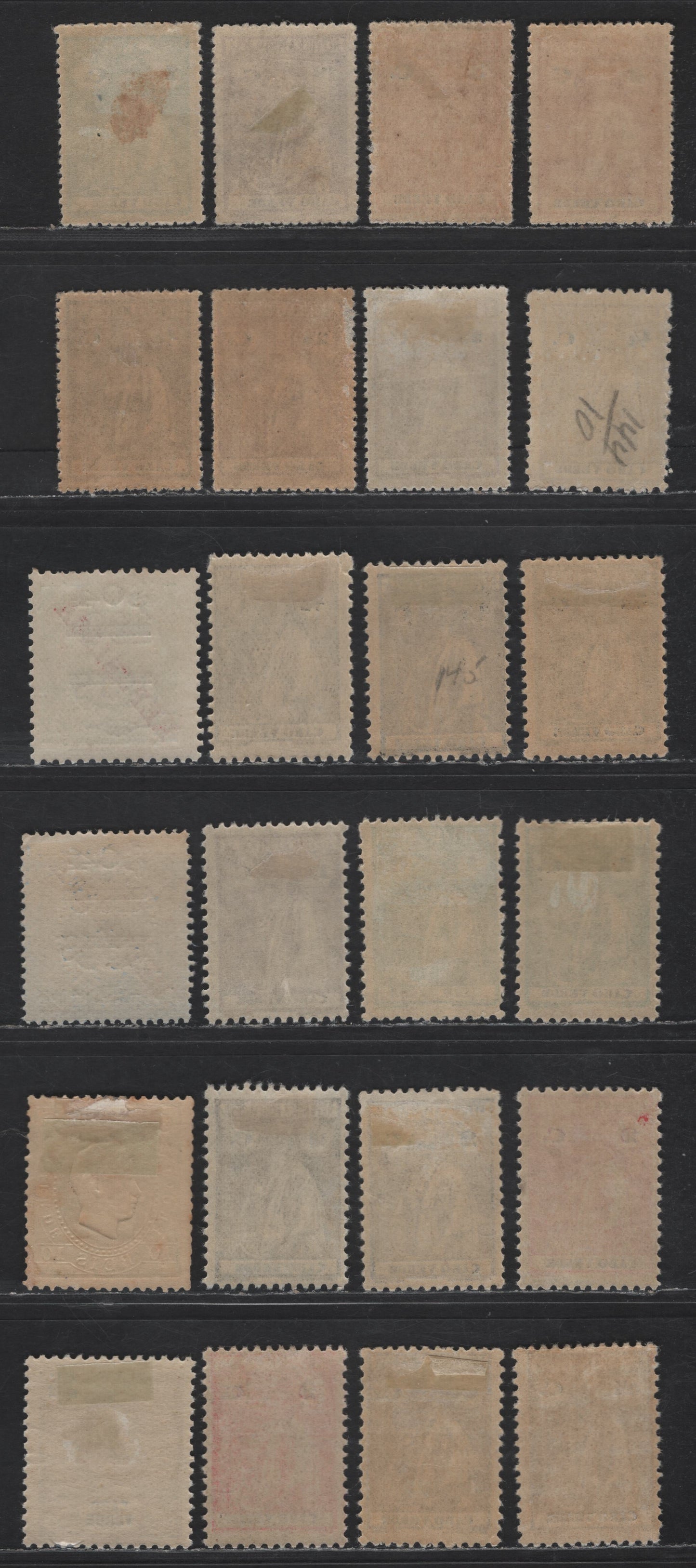 Lot 241 Cape Verde SC#36, 184, 203-204, 162, 165-166, 168-170, 173, 179, 182 2.5r - 4.5r Gray King Carlos - Sower, 1898-1926 King Carlos - Sower Issues, 24 F/VFOG Singles, Ordinary Paper, Perfs 15x14 & 12x11.5