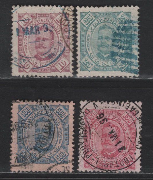 Lot 242 Portuguese Congo SC#5b, 2, 10, 12 25r - 300r Green - Dark Blue on Salmon King Carlos, 1891-1898 King Carlos Portraits Issue, 4 Fine Used Singles, Perfs 11.5 & 12.5