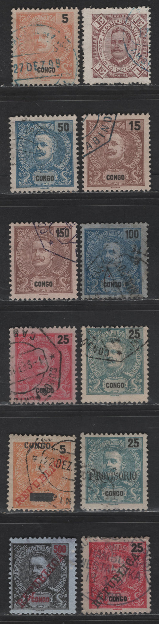Lot 243 Portuguese Congo SC#3, 14, 16, 19-20, 21, 27, 30, 22, 50, 55, 65, 73 15r - 500r Chocolate - Black & Red on Blue King Carlos, 1894-1911 King Carlos Portrait & Overprinted Issues, 13 Fine/Very Fine Used Singles