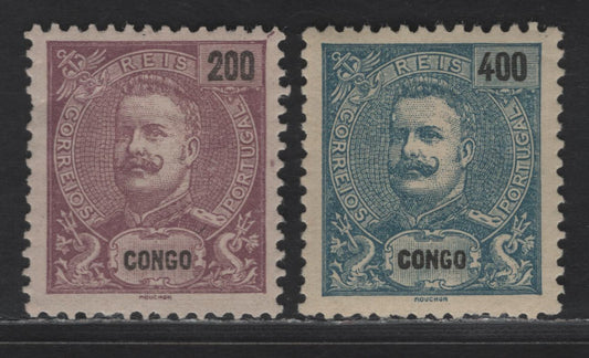 Lot 246 Portuguese Congo SC#31, 33 200r - 400r Red Lilac on Pinkish - Dull Blue on Straw King Carlos, 1898-1903 King Carlos Portraits Issue, 2 F/VFOG Singles