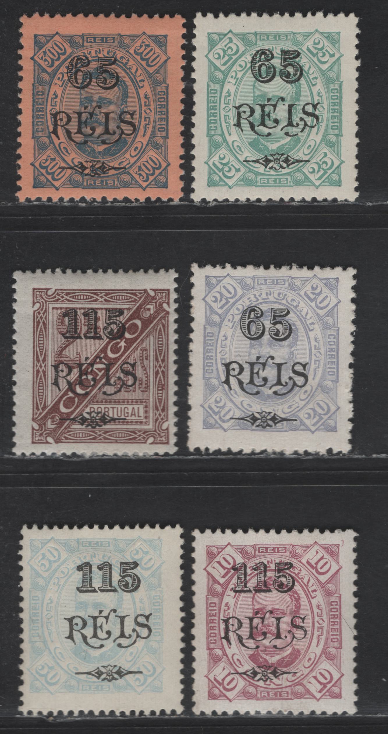 Lot 249 Portuguese Congo SC#38-39, 37, 48b, 40, 41a 65r on 20r - 115r on 50r Lavender - Light Blue King Carlos, 1902 Surcharged Issue, 6 F/VFOG Singles
