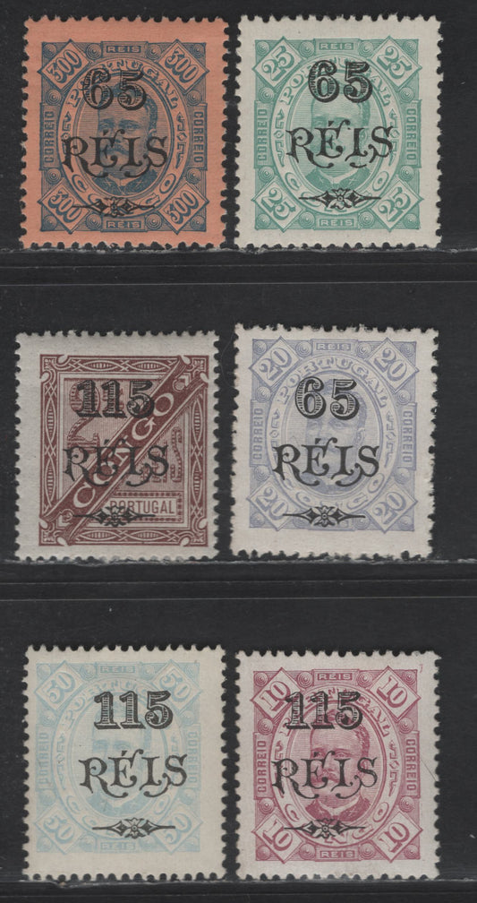 Lot 249 Portuguese Congo SC#38-39, 37, 48b, 40, 41a 65r on 20r - 115r on 50r Lavender - Light Blue King Carlos, 1902 Surcharged Issue, 6 F/VFOG Singles