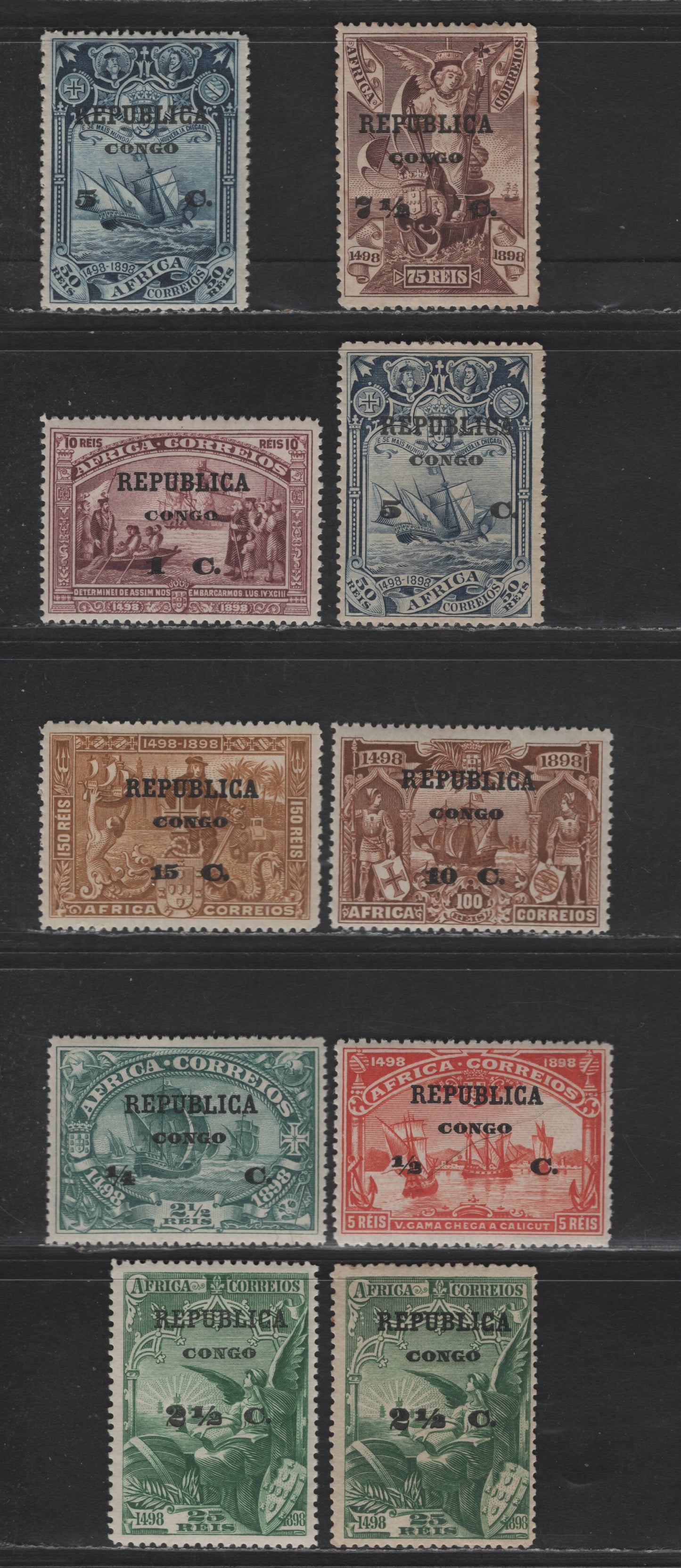 Lot 253 Portuguese Congo SC#83-90 1/4c on 2.5r - 15c on 150r Blue Green - Bistre Vasco da Gama, 1913 Republica Overprints On Portuguese African Stamps Issue, 10 F/VFOG Singles, Includes Shade Variations, Small Tone Spot On #88