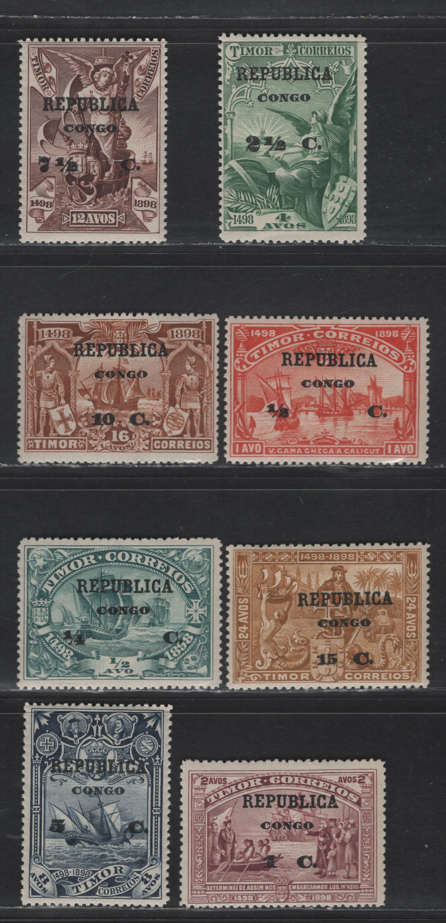 Lot 254 Portuguese Congo SC#91-98 1/4c on 1/2a -15c on 24a Blue Green - Bistre Vasco da Gama, 1913 Republica Overprints On Timor Stamps Issue, 8 F/VFOG Singles