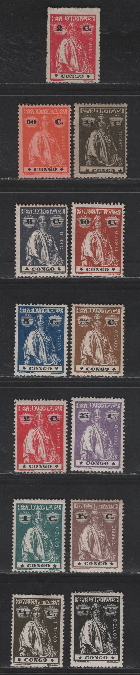 Lot 255 Portuguese Congo SC#99-108, 113, 115-116 1/4c - 50c Olive Brown - Orange on Salmon Ceres, 1914-1920 Ceres Issue, 13 F/VFOG Singles, Chalky & Ordinary Paper
