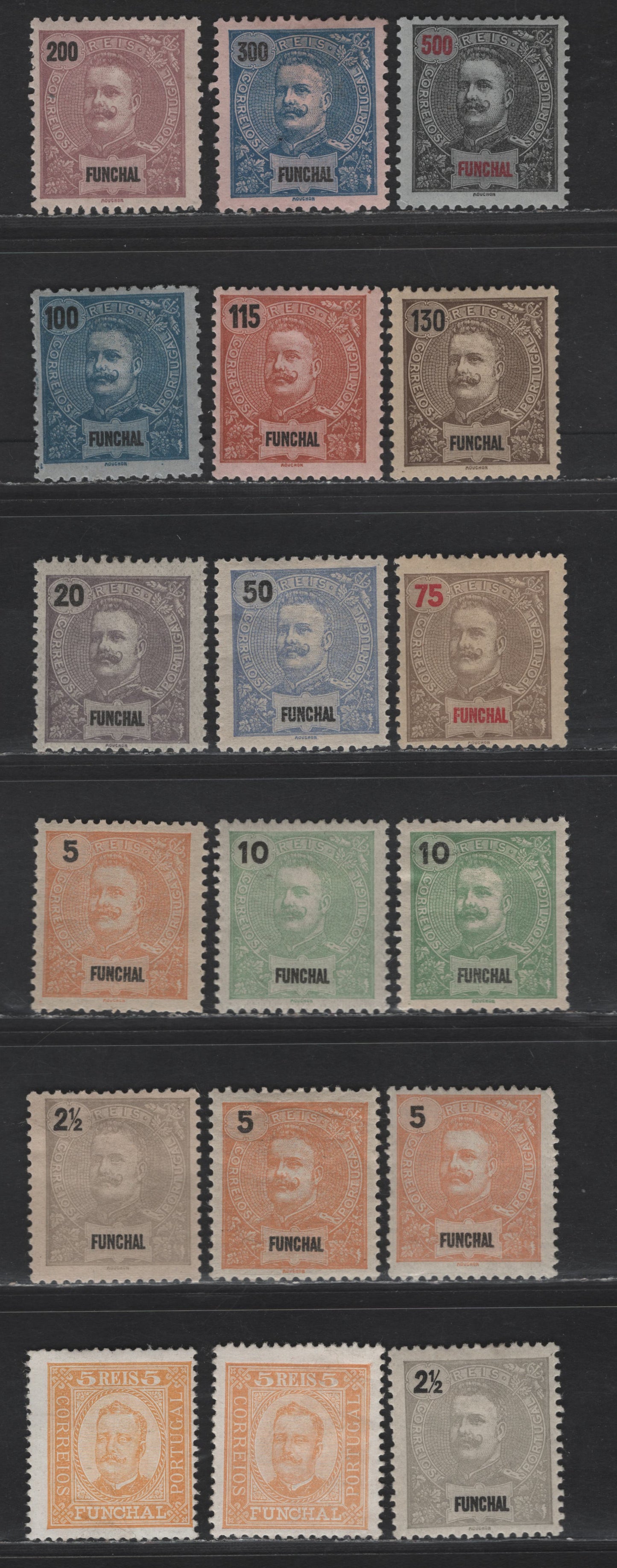 Lot 256 Funchal SC#1, 1c, 13-14a, 15, 18, 22, 25, 27-29, 32-34 5r - 500r Yellow - Black & Red on Blue King Carlos II, 1892-1905 King Carlos II Issue, 18 F/VFOG Singles, Includes Both Perfs 12.5 & 13.5 5r Yellow On Enamel Surface Paper