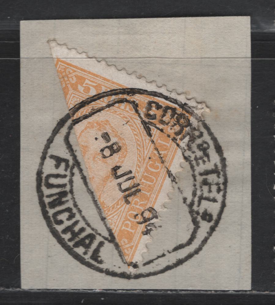 Lot 257 Funchal SC#1a 5r - 500r Yellow King Carlos, 1892-1893 King Carlos Portraits Issue, A Very Fine Used Half Single On Piece