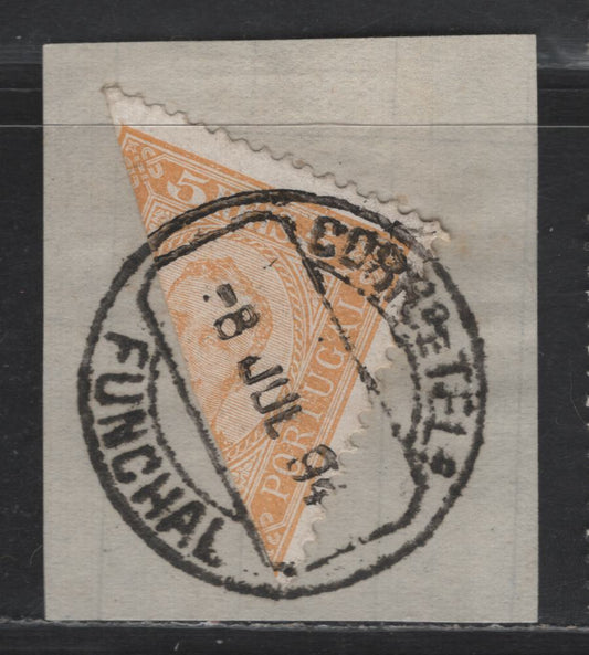 Lot 257 Funchal SC#1a 5r - 500r Yellow King Carlos, 1892-1893 King Carlos Portraits Issue, A Very Fine Used Half Single On Piece