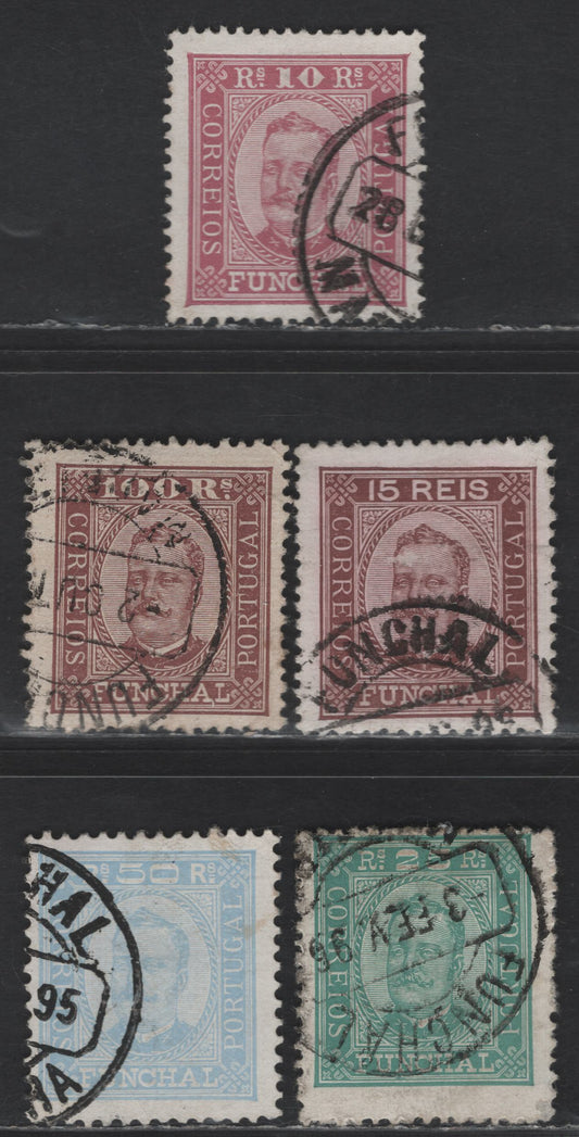 Lot 258 Funchal SC#2a, 3, 5, 6, 3b 10r - 50r Red Violet - Light Ultramarine King Carlos, 1892-1893 King Carlos Portraits Issue, 5 Fine/Very Fine Used Singles, Perfs 12.5 & 13.5, Enamel Surface & Chalky Paper