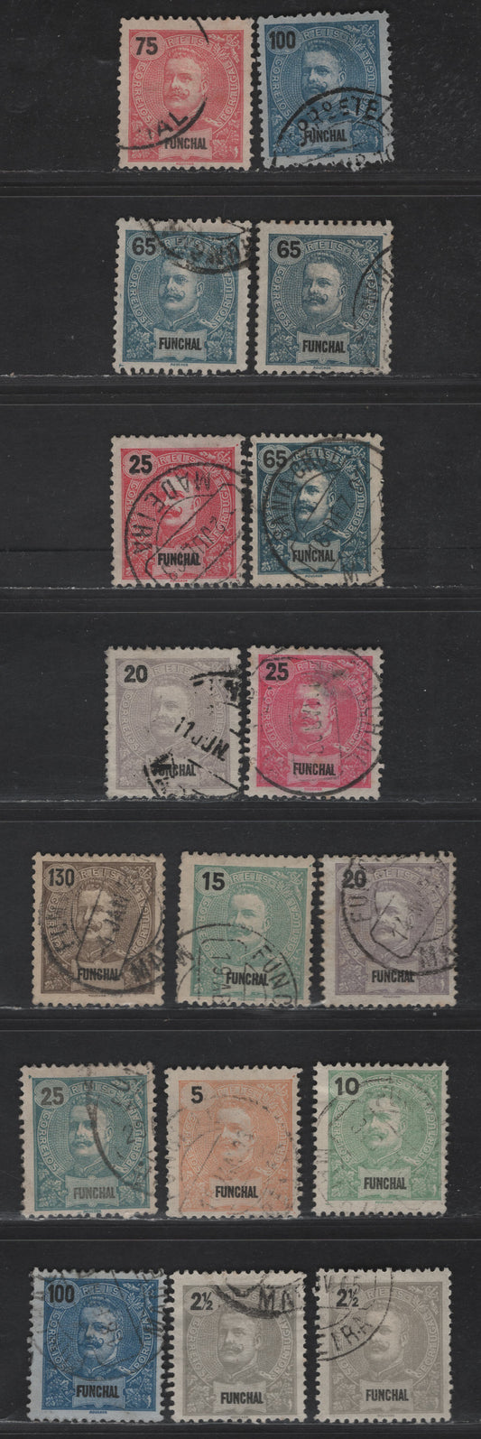Lot 259 Funchal SC#13-15, 17-20, 23-24, 27, 29 2.5r - 130r Gray - Gray Brown on Buff King Carlos, 1897-1905 King Carlos Portraits Issue, 17 Fine/Very Fine Used Singles, Shade Variations