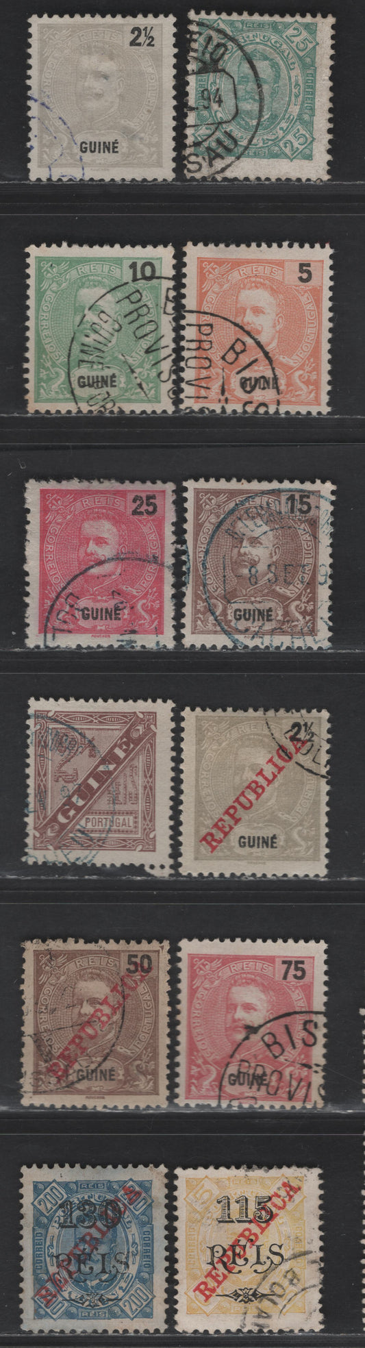 Lot 261 Portuguese Guinea SC#36, P1, 44-47, 51, 55, 95, 101, 181a, 187 25r - 130r on 200r Blue Green - Blue King Carlos - Republica, 1893-1915 King Carlos - Republica Overprinted Issues, 12 Fine/Very Fine Used Singles